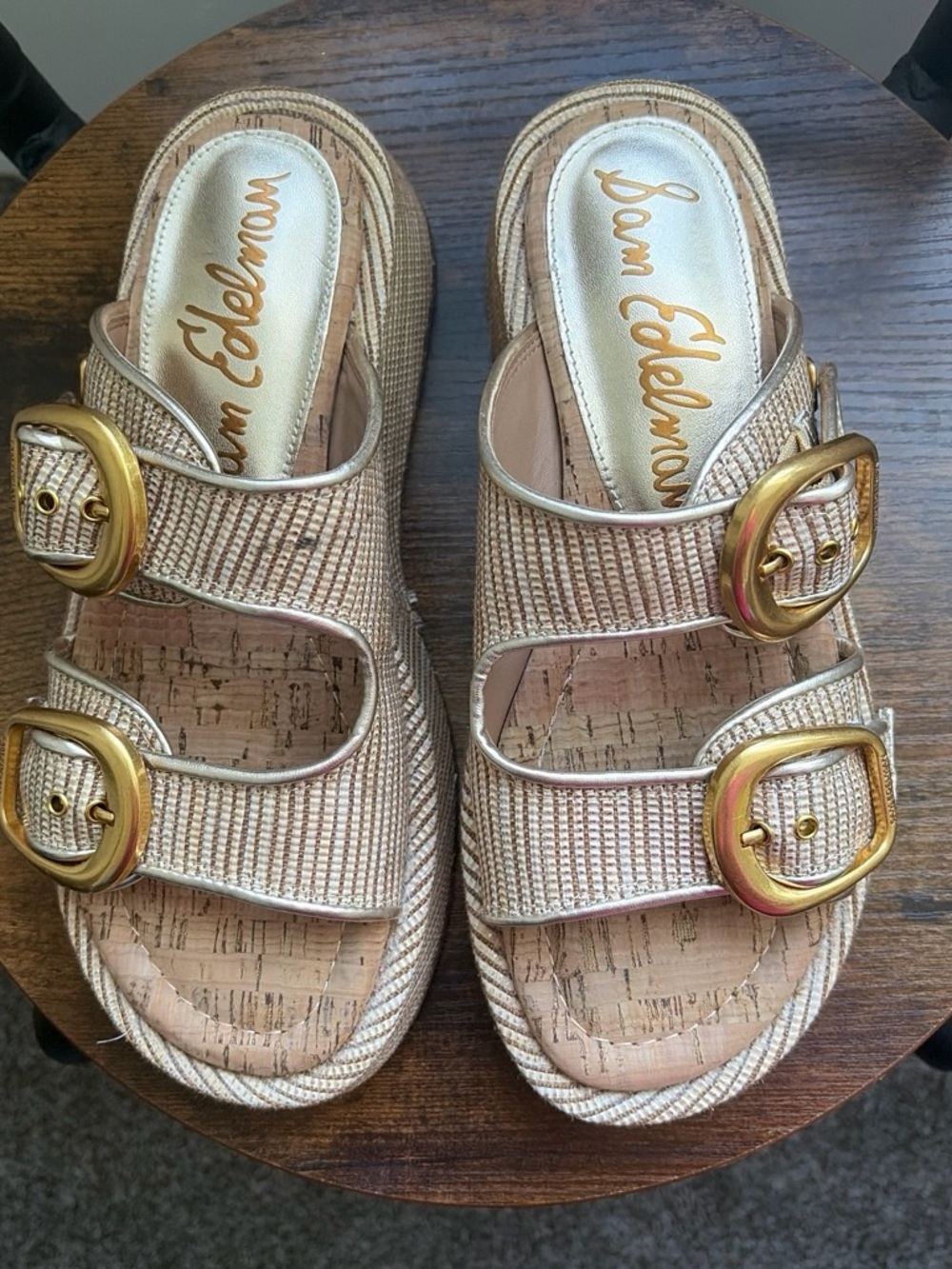 Sam Edelman Metallic Champagne Double Buckle Cork Slide Sandals 6 1/2